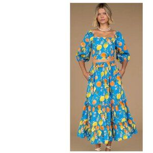 Olivia James Citron Floral Blue and Orange Surrey Skirt 100% Cotton